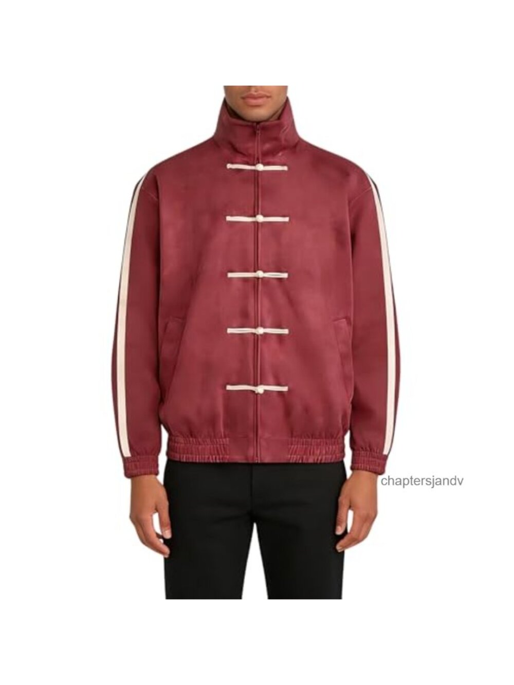 Faux Suede Chinese Style Jacket Zip Up Stand Collar Striped Cuff Oversized